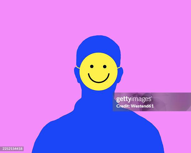 abstract human silhouette with happy smiley mask illustrating wellbeing - hope stock illustrations