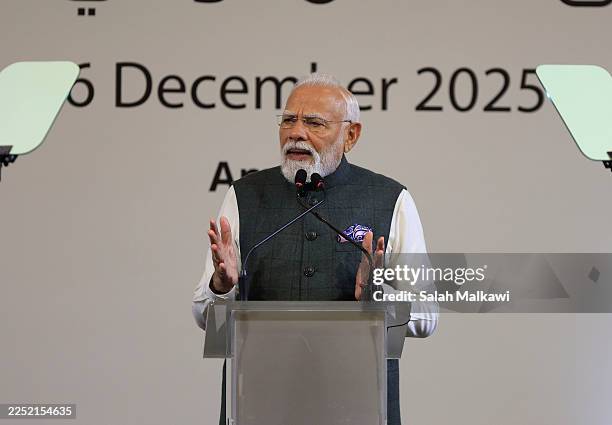 Prime Minister of India Narendra Modi addresses the India Jordan Forum on December 16, 2025 in Amman, Jordan. India's Prime Minister Narendra Modi is...