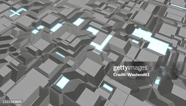 futuristic abstract digital cityscape with illuminated grid structure - macro view stock illustrations
