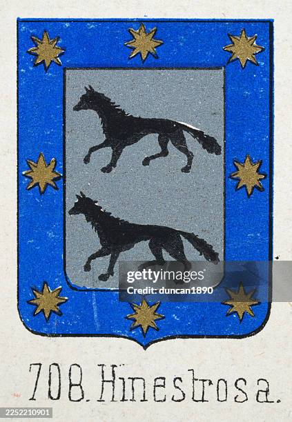medieval heraldry, coat of arms, shield with, two, black, wolves, silver, blue, border, gold, stars, spanish, vintage illustration - medieval border stock illustrations