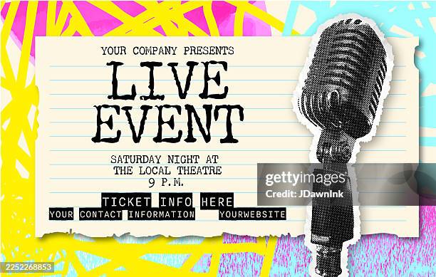 retro live event 80s collage scrapbook style with paper textures and scribbles poster advertisement design template with halftone retro microphone for restaurants and bars nightlife - emcee stock illustrations