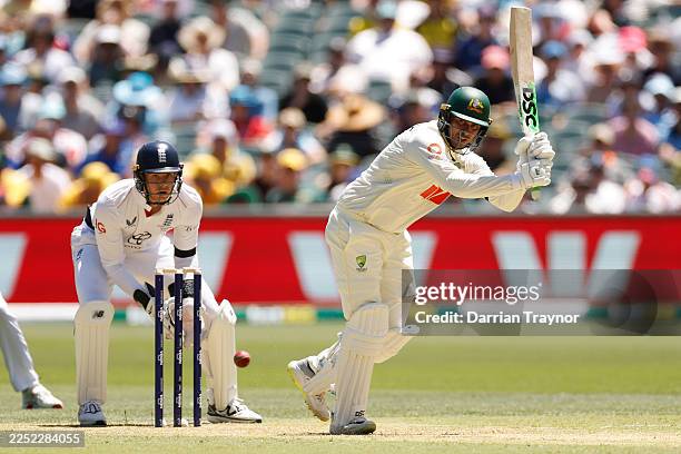 Usman Khawaja of Australia bats during day one of the Third Test Match in the 2025-26 Ashes Series between Australia and England at Adelaide Oval on...