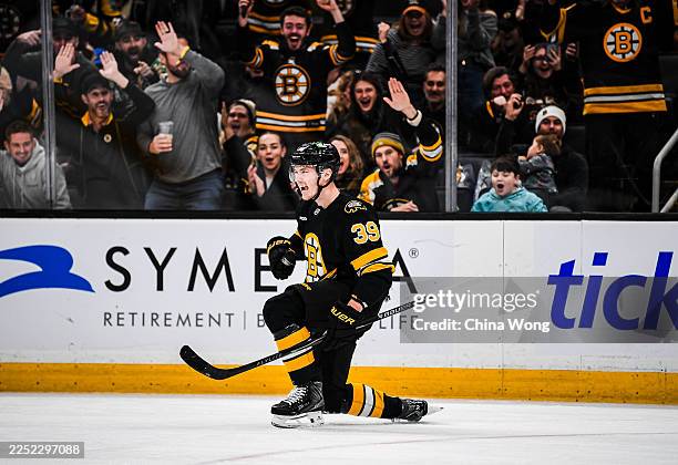 Morgan Geekie of the Boston Bruins celebrates his first-period goal against the Vancouver Canucks at TD Garden on December 20, 2025 in Boston,...