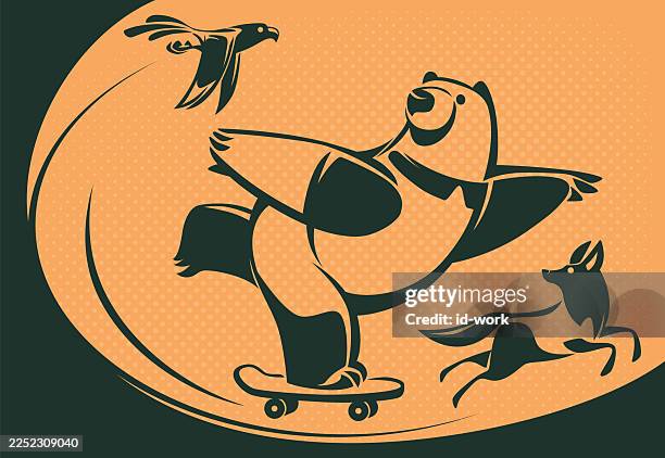 bear skateboarding with eagle and wolf - looking back stock illustrations