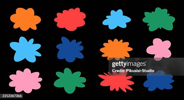 colorful abstract starburst shape collection on black background, hand-drawn organic blob and starburst shapes set - starburst galaxy stock illustrations