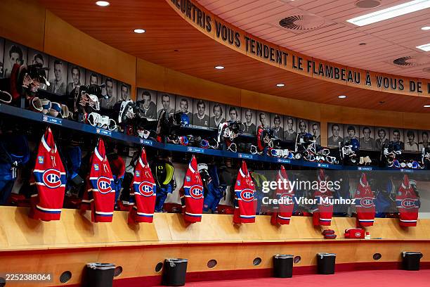 Empty locker room before the NHL regular season game between the Montreal Canadiens and the Philadelphia Flyers at the Bell Centre on December 16,...