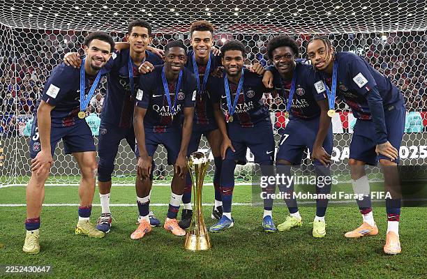 Warren Zaire Emery, Senny Mayulu, Ousmane Dembele, Desire Doue, Ibrahim Mbaye, Quentin Ndjantou and Bradley Barcola of Paris Saint-Germain pose for a...