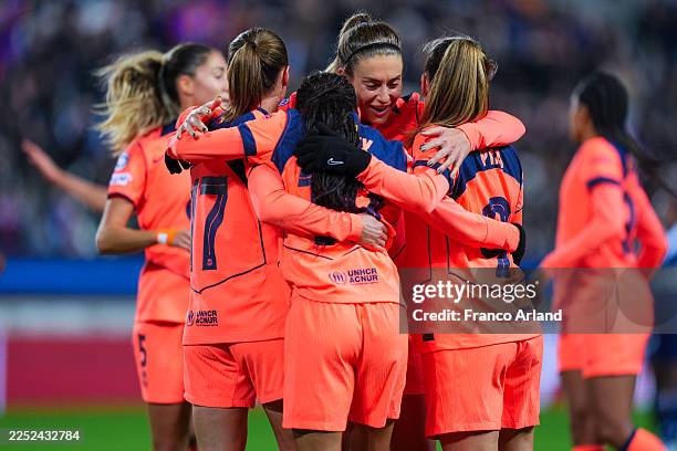 Vicky Lopez of FC Barcelona celebrates with teammates after scoring his team's first goal during the UEFA Women's Champions League 2025/26 league...