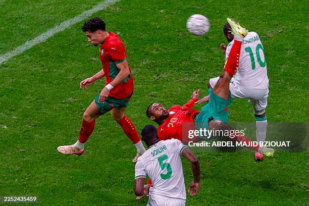 Morocco's forward Ayoub El Kaabi scores a goal during the Africa Cup of Nations group A football match between Morocco and Comoros at Prince Moulay...