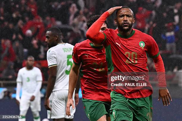 Morocco's forward Ayoub El Kaabi celebrates his goal during the Africa Cup of Nations group A football match between Morocco and Comoros at Prince...