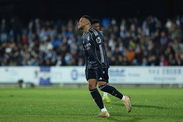 Kylian Mbappe of Real Madrid CF celebrates a goal during the Spanish Cup, Copa del Rey, Round of 16 football match played between CF Talavera and...