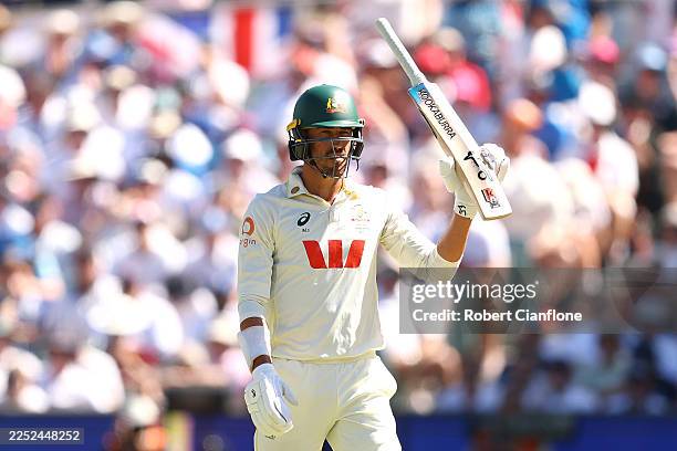 Mitchell Starc of Australia celebrates reaching a half century during day two of the Third Test Match in the 2025-26 Ashes Series between Australia...