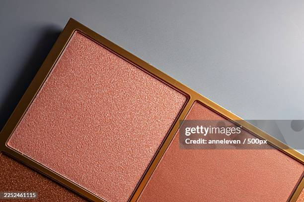 close-up overhead view of an open makeup palette with various shades of blush and bronzer on a light blue background - paleta de maquillaje fotografías e imágenes de stock