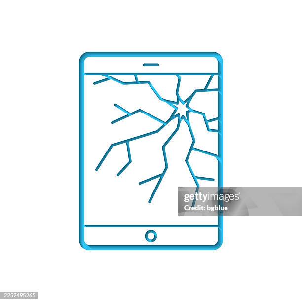 tablet pc with broken screen. icon cut out on white paper with blue background - broken tablet screen stock illustrations