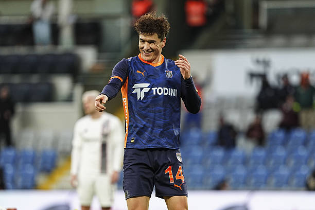 Eldor Shomurodov of RAMS Basaksehir celebrates after scoring a goal during the Turkish Super Lig week 17 football match between RAMS Basaksehir and...