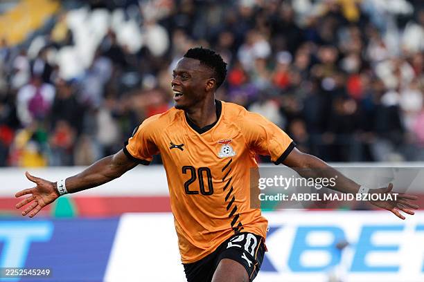 Zambia's forward Patson Daka celebrates scoring his team's first goal during the Africa Cup of Nations Group A football match between Mali and Zambia...