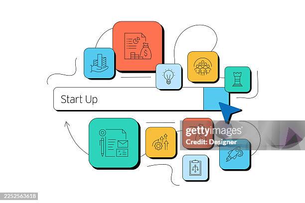 startup related vector illustration. strategy, business, ideas, innovation, finance, development - marketing ecosystem stock illustrations