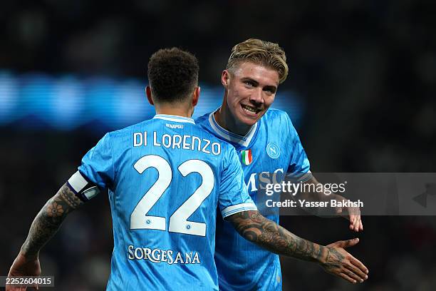 Rasmus Hojlund of SSC Napoli celebrates scoring his team's second goal with teammate Giovanni Di Lorenzo during the Supercoppa Italiana Semi-Final...