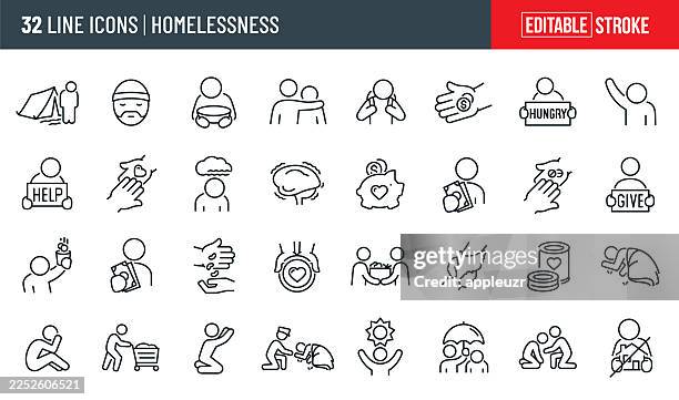 symbole für obdachlosigkeit mit dünnen linien - bearbeitbare kontur - heruntergekommen stock-grafiken, -clipart, -cartoons und -symbole