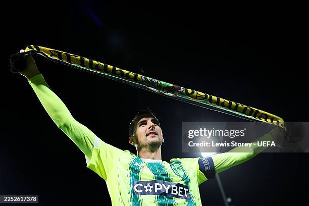 Hrvoje Milicicevic of AEK Larnaca FC celebrates after the team's victory in the UEFA Conference League 2025/26 League Phase MD6 match between AEK...