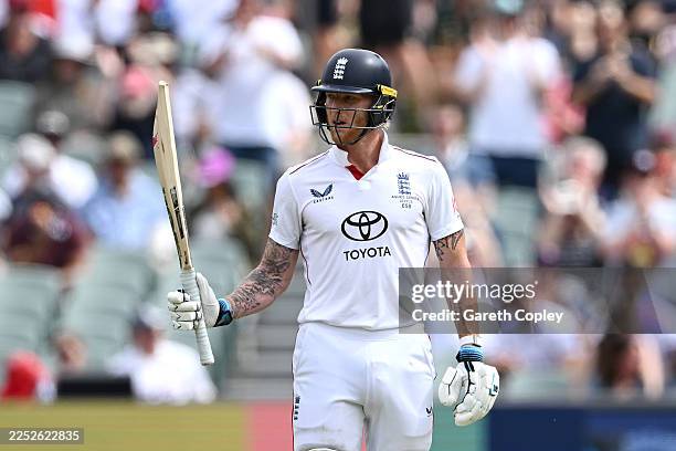 England captain Ben Stokes salutes the crowd after reaching his half century during day three of the Third Test Match in the 2025-26 Ashes Series...