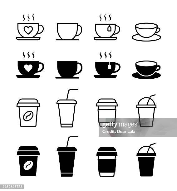 ilustraciones, imágenes clip art, dibujos animados e iconos de stock de conjunto de iconos de tazas de café. símbolo de vaso desechable. ilustración vectorial. - té bebida caliente