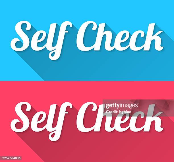 self check - flat design with long shadow on blue and red background - self service check in stock illustrations