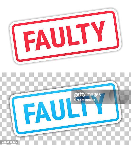faulty - red and blue labels on blank background - faulty stock illustrations