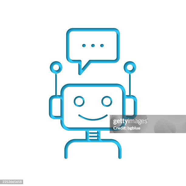chatbot with speech bubble. icon cut out on white paper with blue background - simple robot character stock illustrations