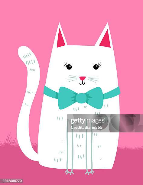 cute white cat on a pink background - white kitten grass stock illustrations