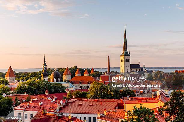 tallinn old town skyline with st. olaf's church and towers of medieval fortified wall on a sunny summer morning, aerial view, estonia - tallin fotografías e imágenes de stock