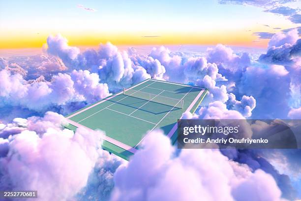 tennis balls above puffy clouds - maestosità foto e immagini stock