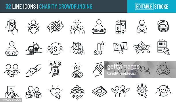 charity crowdfunding thin line icons - editable stroke - fundraising stock illustrations