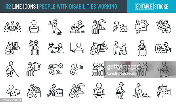 people with disabilities at work working jobs thin line icons - editable stroke - disability stock illustrations