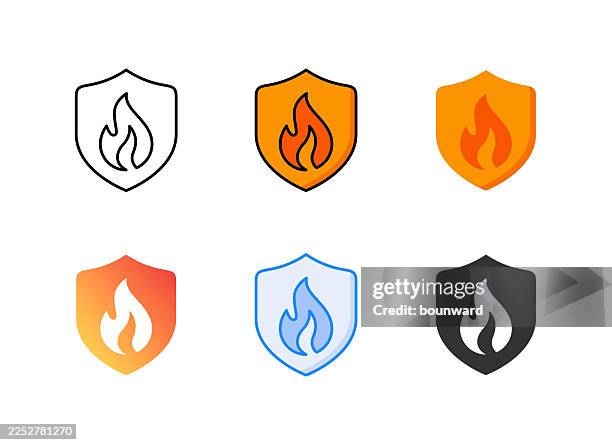 fire shield icon. 6 different styles. editable stroke. - internet security check stock illustrations