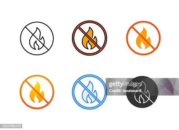 no fire icon. 6 different styles. editable stroke. - exclusion stock illustrations