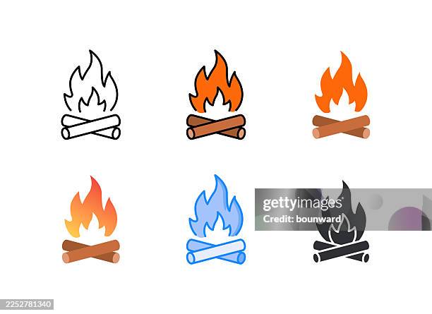 ilustraciones, imágenes clip art, dibujos animados e iconos de stock de icono de hoguera. 6 estilos diferentes. trazo editable. - hoguera de campamento