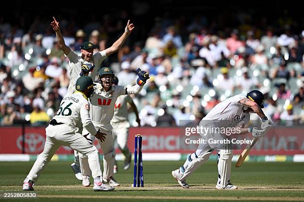 England captain Ben Stokes is bowled by Nathan Lyon of Australia during day four of the Third Test Match in the 2025-26 Ashes Series between...