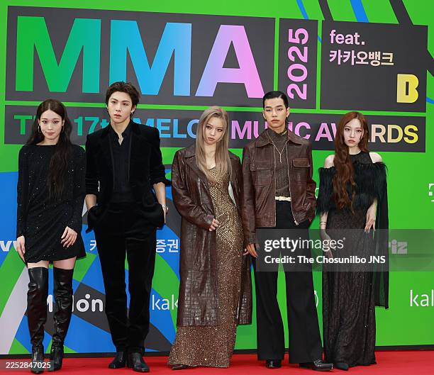 Members Annie, Woochan, Bailey, Tarzan and Youngseo attend the red carpet event of the Melon Music Awards 2025 at Gocheok Sky Dome in Guro-gu, Seoul.