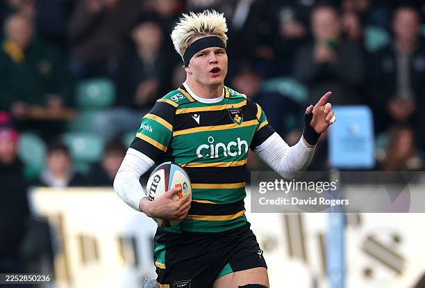 Henry Pollock of Northampton Saints celebrates after scoring their first try during the Gallagher PREM match between Northampton Saints and Sale...