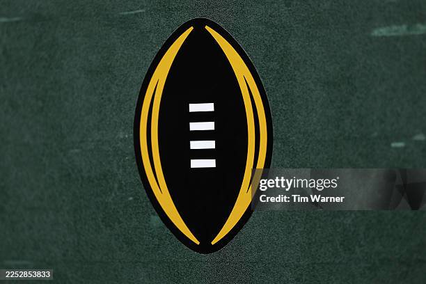 General view of the College Football Playoff logo before the 2025 College Football Playoff First Round Game between the Miami Hurricanes and the...