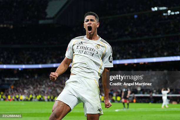 Jude Bellingham of Real Madrid celebrates scoring his team's first goal during the LaLiga EA Sports match between Real Madrid CF and Sevilla FC at...