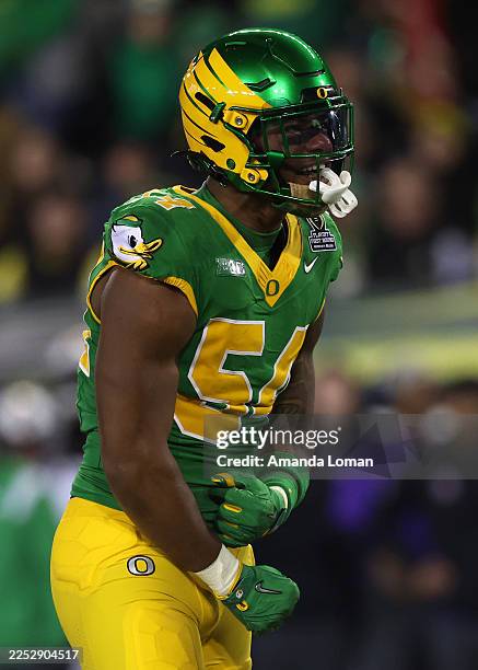Jerry Mixon of the Oregon Ducks reacts during the second quarter against the James Madison Dukes during the 2025 College Football Playoff First Round...