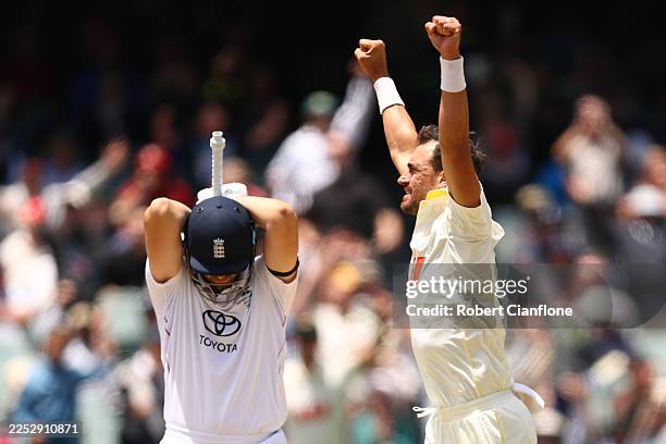 Mitchell Starc of Australia celebrates taking the wicket of Will Jacks of England for 47 runs during day five of the Third Test Match in the 2025-26...
