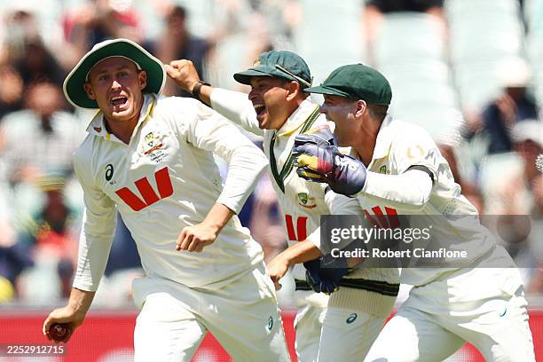 Marnus Labuschagne of Australia celebrates taking a catch to dismiss Josh Tongue of England for 1 run to win the game and the series during day five...