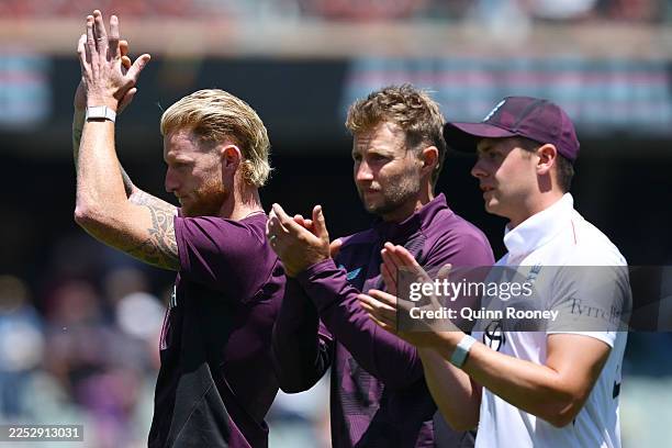 Ben Stokes of England thanks the crowd after day five of the Third Test Match in the 2025-26 Ashes Series between Australia and England at Adelaide...