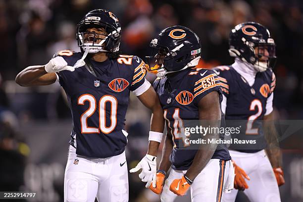 Jahdae Walker of the Chicago Bears celebrates with Olamide Zaccheaus after his touchdown reception against the Green Bay Packers during the fourth...