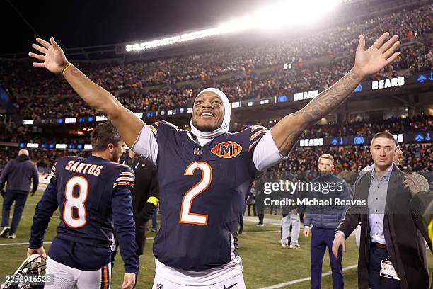 Moore of the Chicago Bears celebrates after his team defeated the Green Bay Packers at Soldier Field on December 20, 2025 in Chicago, Illinois.