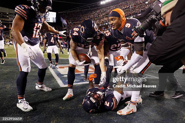 Moore of the Chicago Bears celebrates with teammates after catching a touchdown pass against the Green Bay Packers in overtime at Soldier Field on...