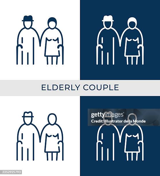 elderly couple and senior care icon set. editable stroke and flat style. vector illustration for retirement planning, family support concepts. - man helping elderly stock illustrations